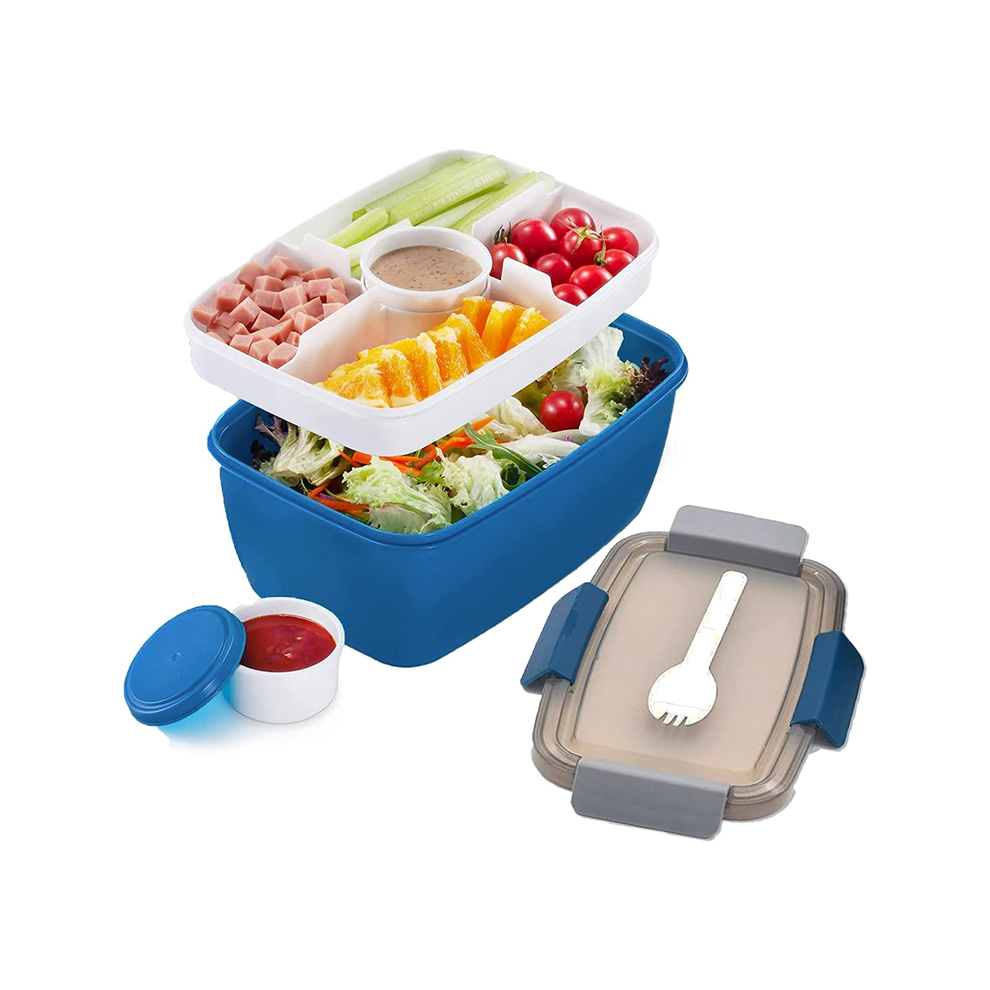 Lunchbox Voor Volwassenen, 2000 Ml, Lunchbox Met Compartimenten, 2-Laags Saladebox Voor Onderweg, Groot, Duurzaam, Lekvrij Blauw-image