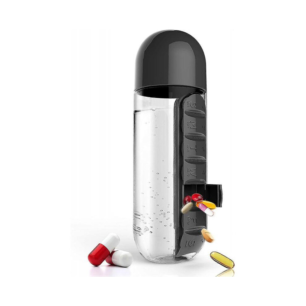Pill Organizer Water Bottle 7 Day Medicine Holder with Weekly Dispensers Capsule Drink Bottle Black