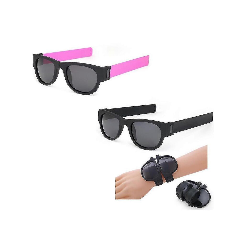 Foldable Sunglasses Bracelet Wrist Strap Folding Glasses Snap Bracelet Strap Black and Pink Free Size 2 Pieces