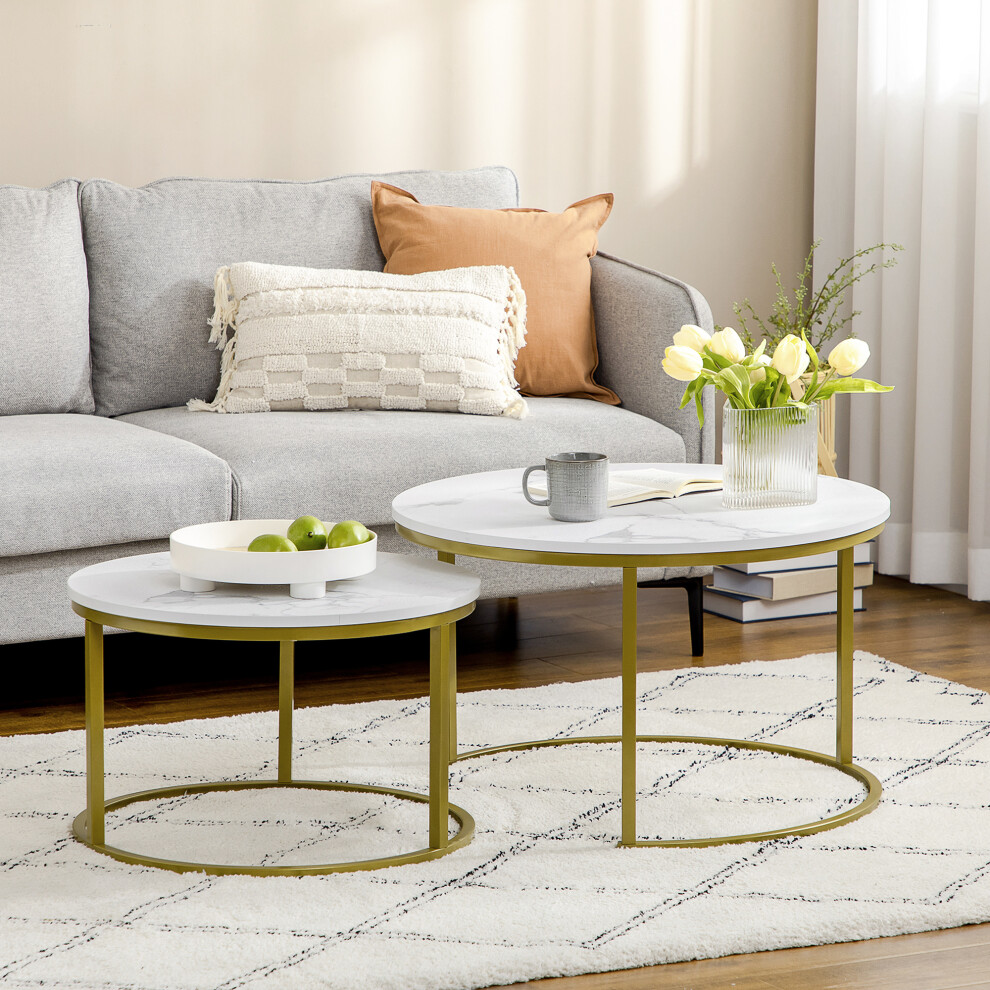 Homcom Marble Coffee Table Set Of 2, Round Nest Of Tables, White
