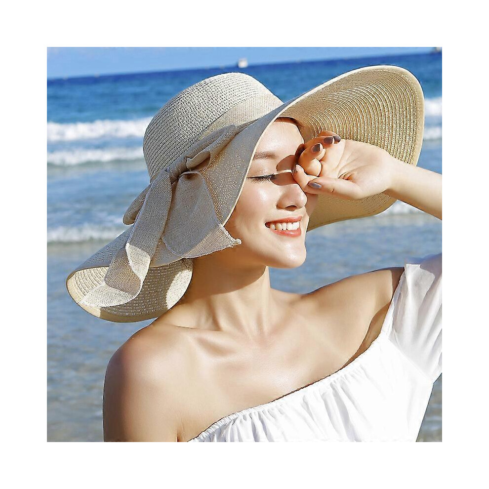 1 Packable Wide Brim Straw Hat for Women and Girls with Big Bow and UV Protection
