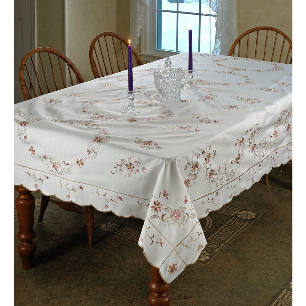 Nappe en lin violet motif Renaissance brod   e blanc/cr   me 178 x 304 cm