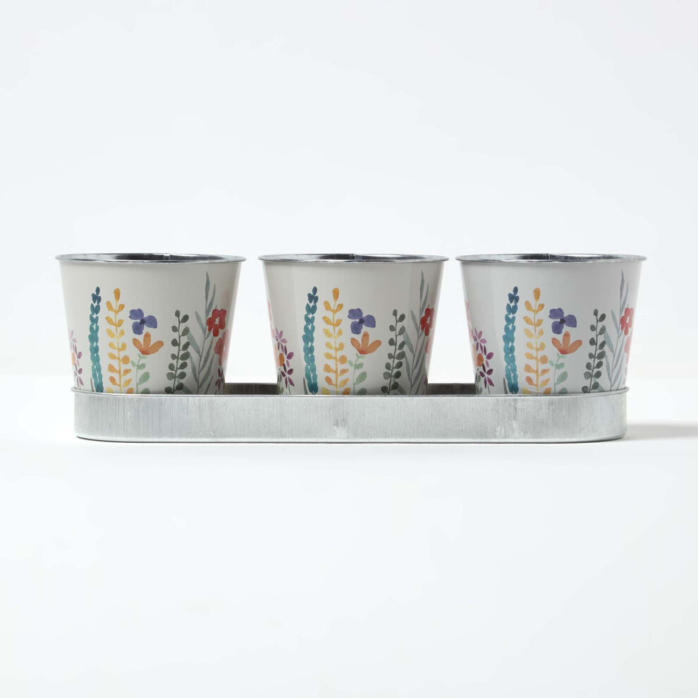 Homescapes Set Of 3 Herb Pots With Tray, Multi-Coloured Floral Design