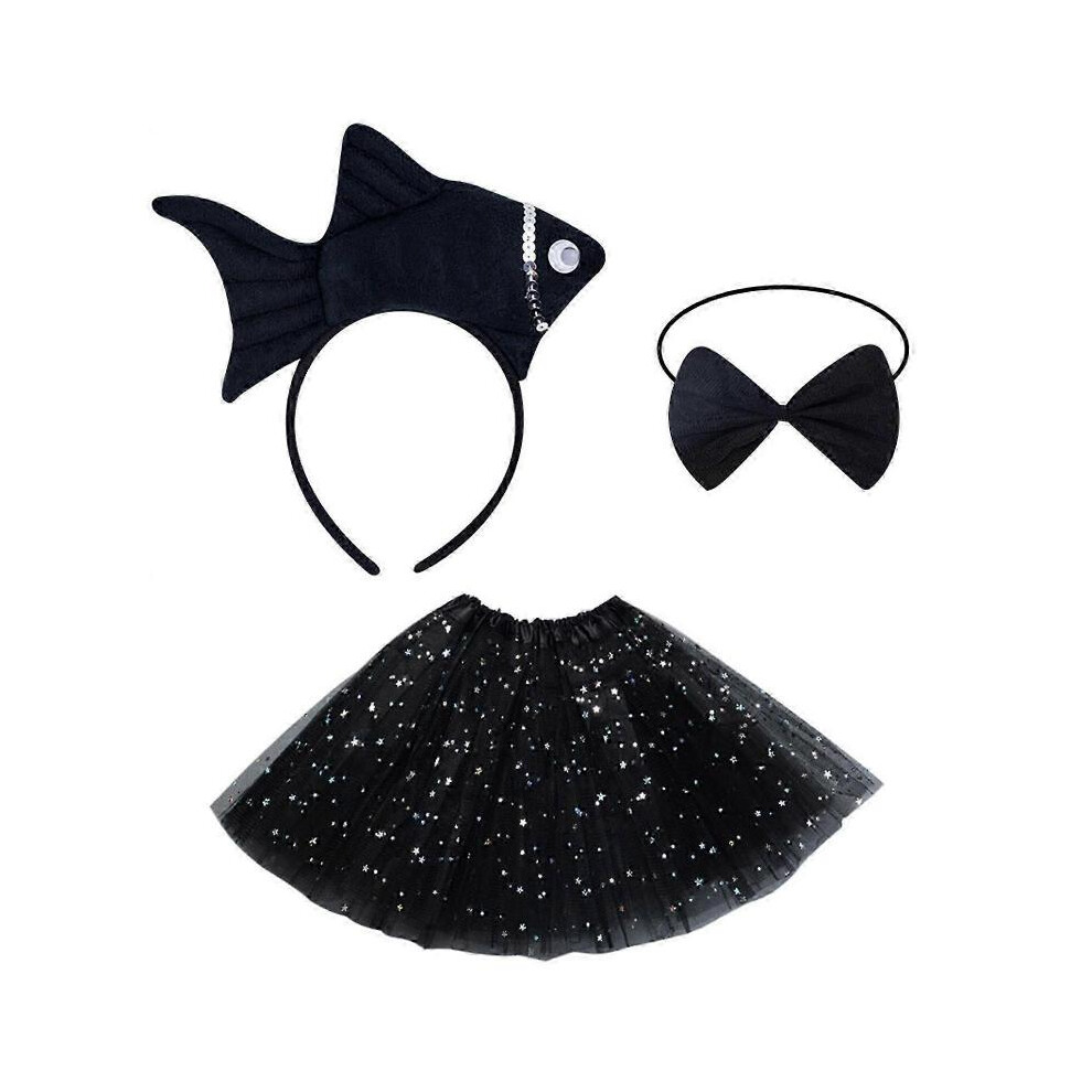 (Black goldfish bow t) 1/3Pcs Goldfish Costume for Kids Girls Goldfish Headband Bowtie Tutu Skirt Halloween Sea Animal Cosplay Accessories