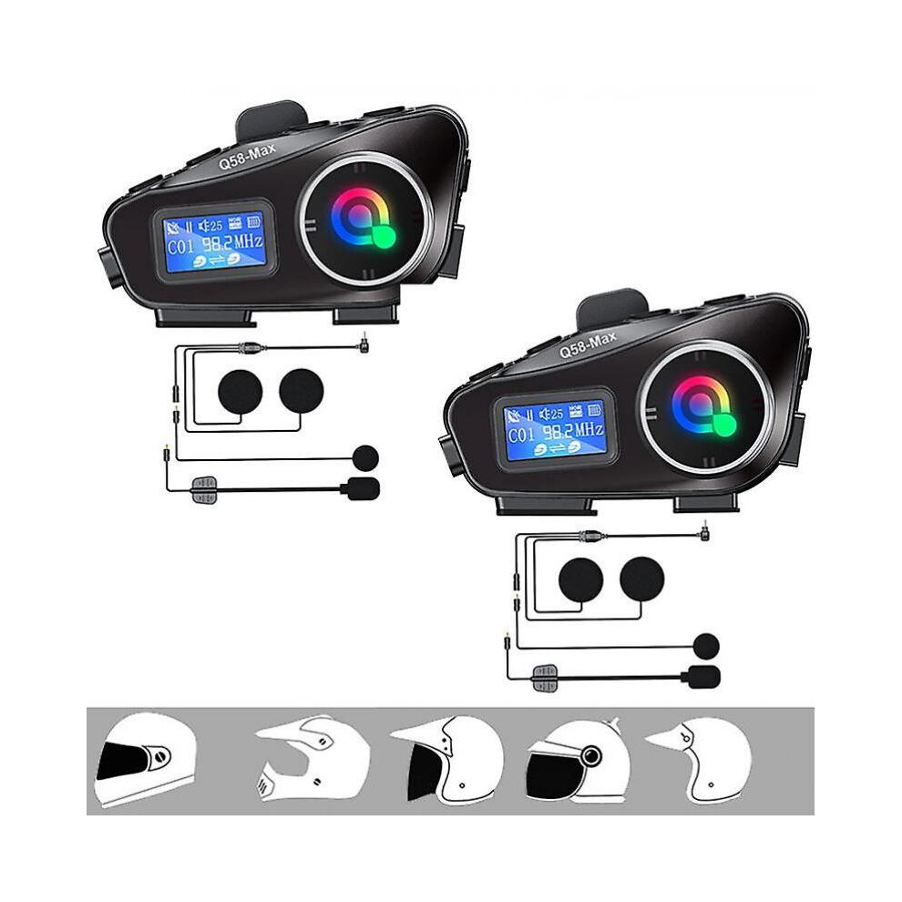(2 in1 Mic 2Pcs) Q58-Max Motorcycle Intercom Helmet Headset BT5.3 500M intercomunicador Moto FM Radio Music Share LCD Display Headphone For 2 Riders 2024 Newest