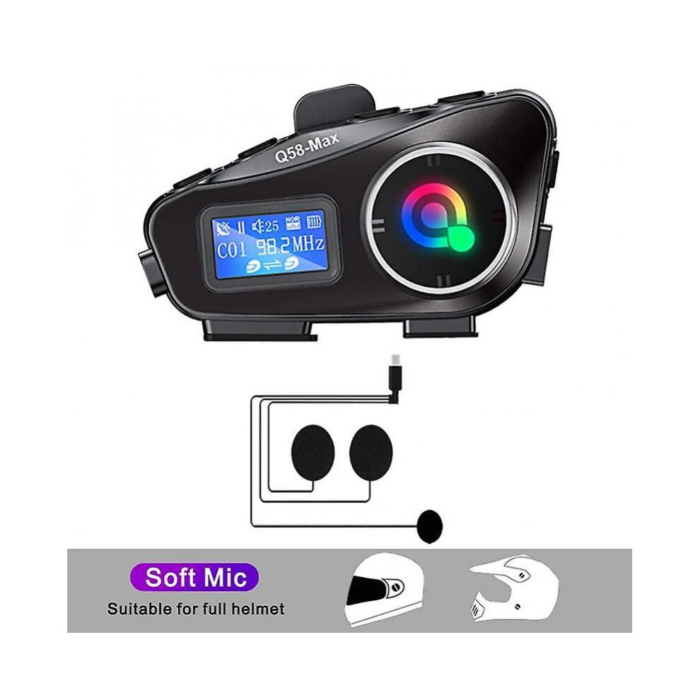 (Soft Mic 1Pcs) Q58-Max Motorcycle Intercom Helmet Headset BT5.3 500M intercomunicador Moto FM Radio Music Share LCD Display Headphone For 2 Riders 2024 Newest