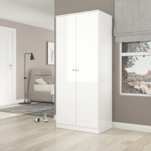 2 Door Double Wardrobe White Gloss - Denver Closet with Hanging Rail