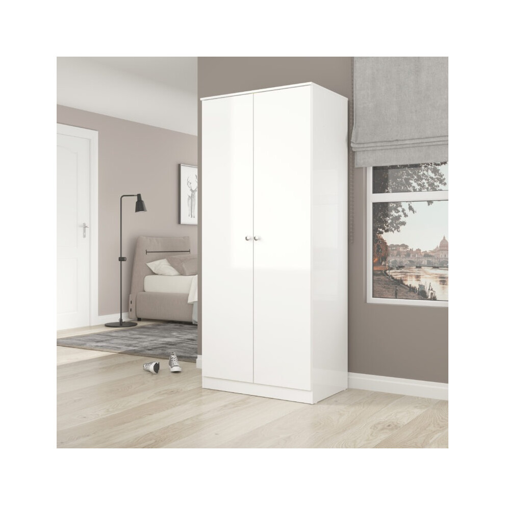 2 Door Double Wardrobe White Gloss - Denver Closet with Hanging Rail