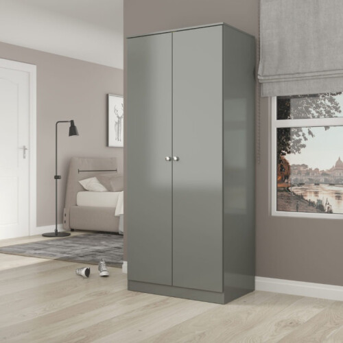 Seconique 2 Door Double Wardrobe Grey Gloss - Denver Closet with Hanging Rail