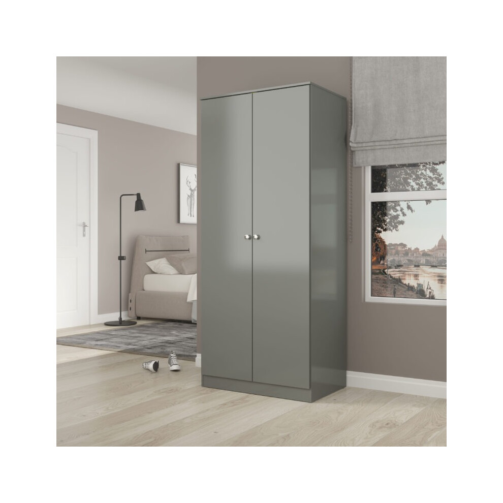 New Seconique 2 Door Double Wardrobe Gloss - Denver Closet With Hanging Rail Grey 100-101-216