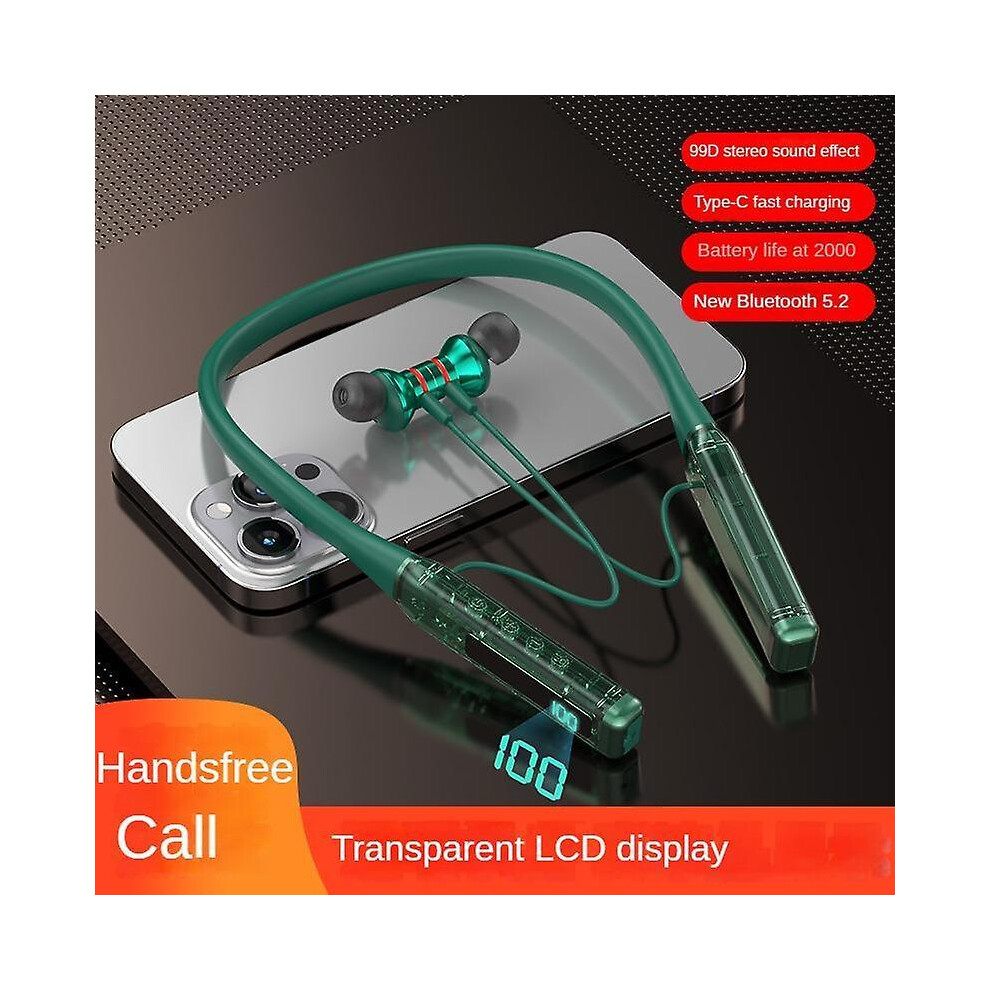 (green) Magnetic Neck Hanging Wireless Bluetooth Headset with LED Digital Display HiFi Stereo In-Ear Headphones Waterproof Sports Earphones for Apple Xiaomi