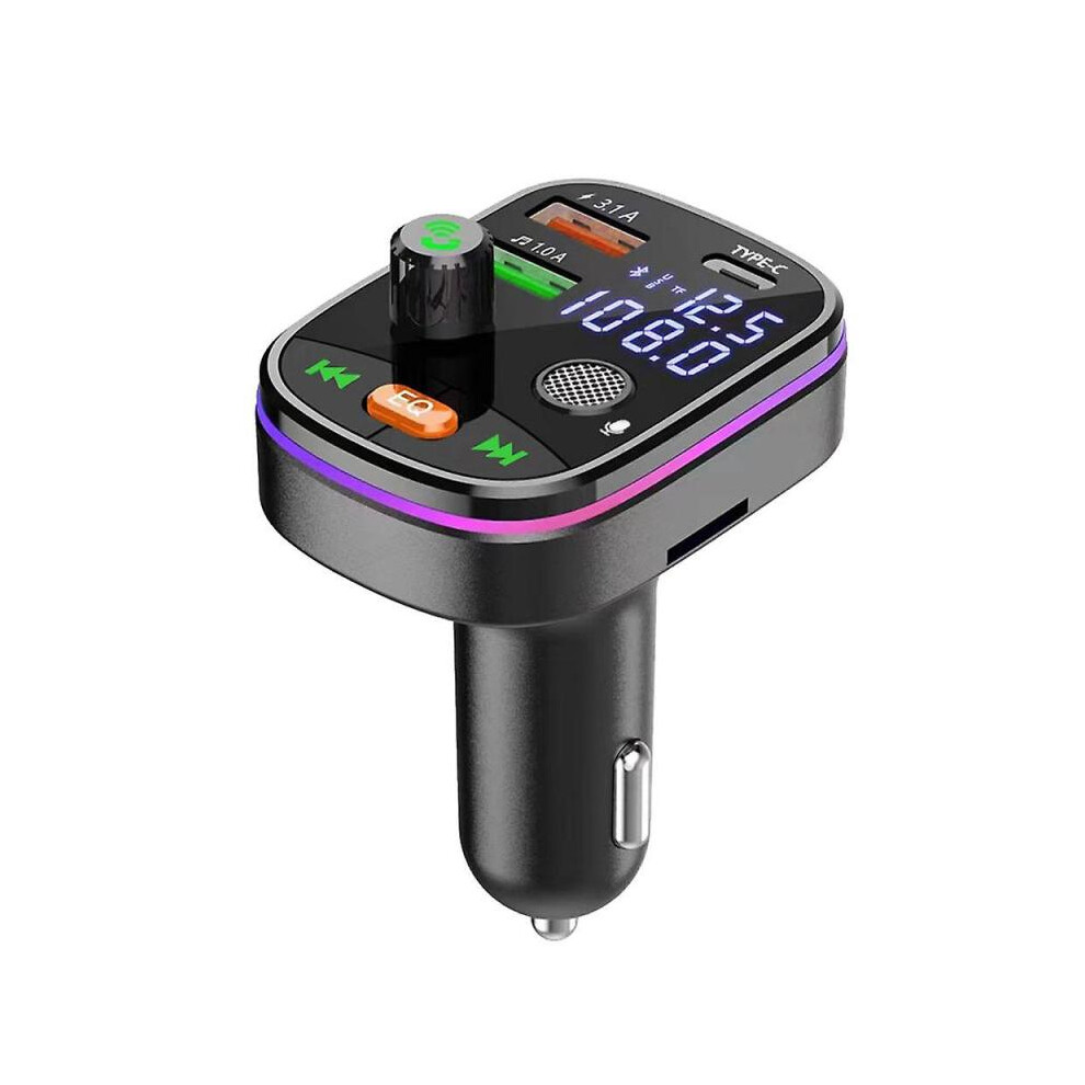 2 in 1 Bluetooth 5.0 Car FM Transmitter Dual USB 3.1A+Type-C Car Charger Fast Charging Ambient Light Handsfree Car Kit Mp3 Player Support TF Card