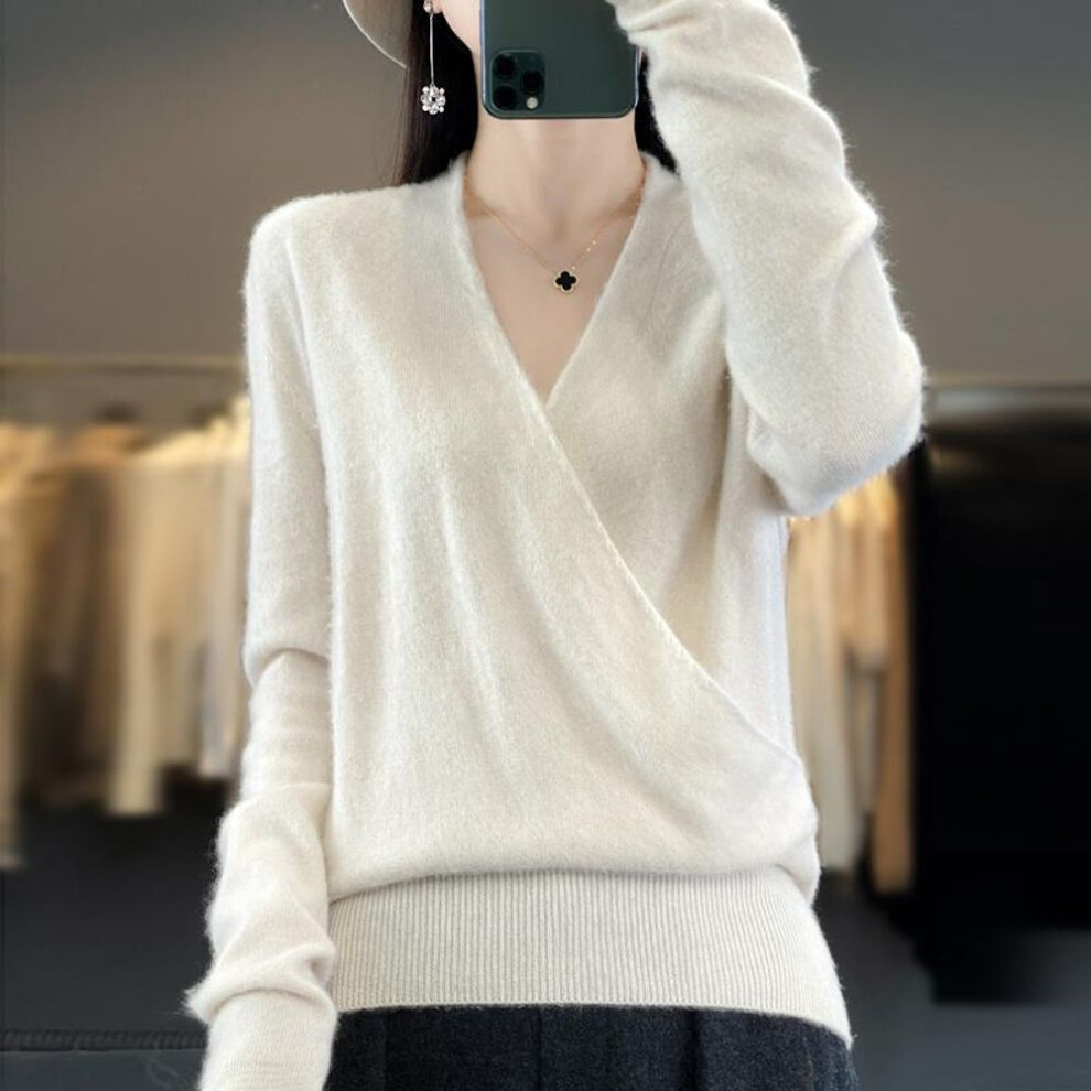 (white, L) Women&apos;s cashmere sweater Qinghe cashmere 30% cashmere 70% wool autumn and winter cashmere pullover soft and warm