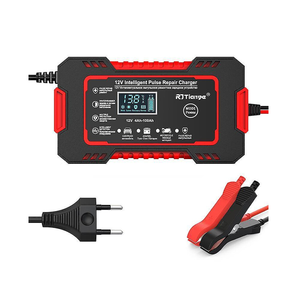 12V Battery Charger for Car Motorcycle Moto Full Automatic Multi-Function 6A Pulse Repair Touch Switch Screen and LCD Display for Wet Dry Lead Acid