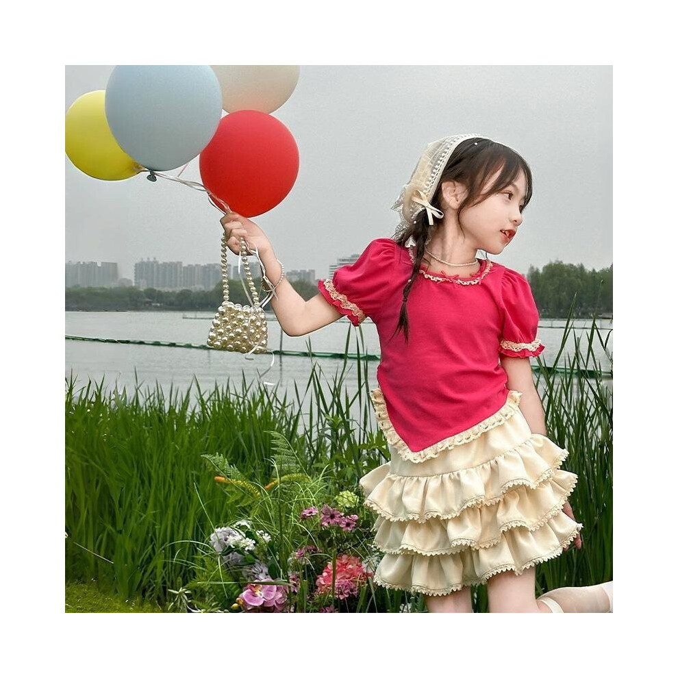 (Rose Set,130cm/51.18in)Joli ensemble été enfant avec t-shirt manches courtes dentelle dentelle et jupe gâteau