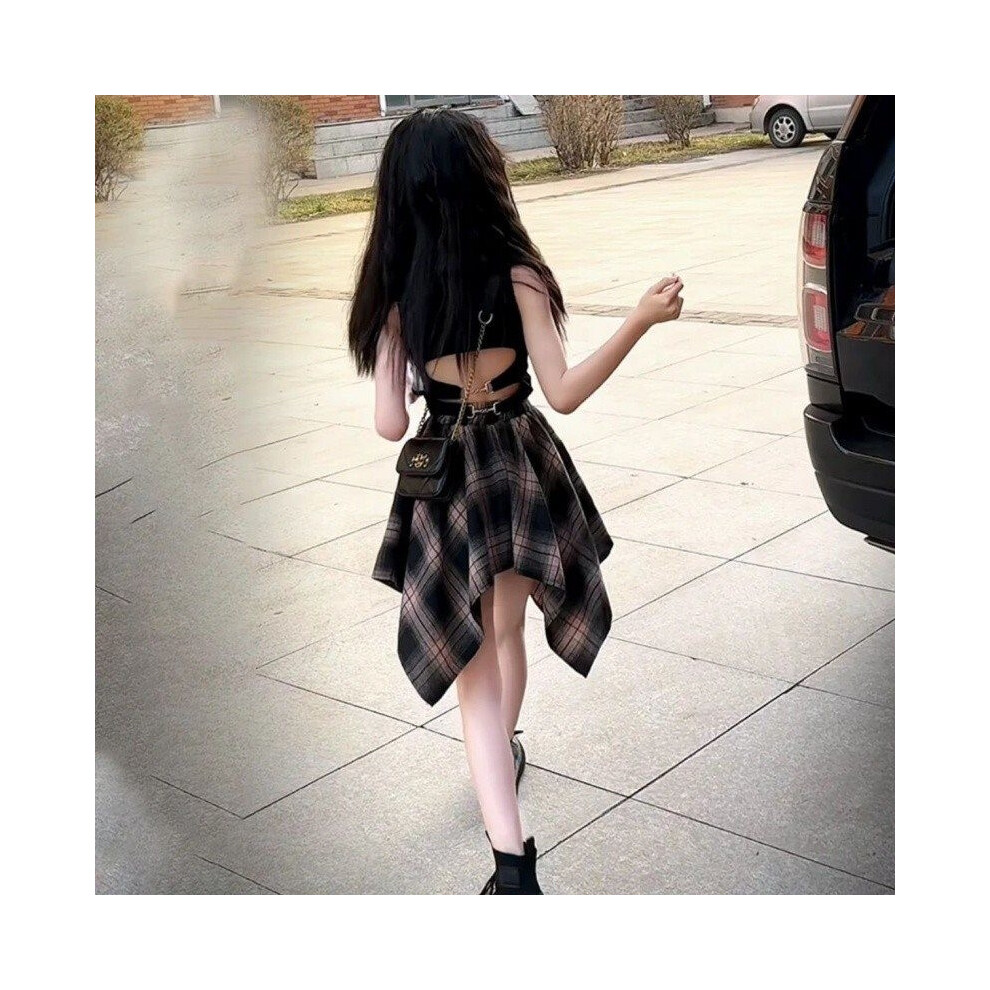 (160cm/62.99in)Joli ensemble robe à carreaux et chemise sans manches été fille élégant pour 8 ans et
