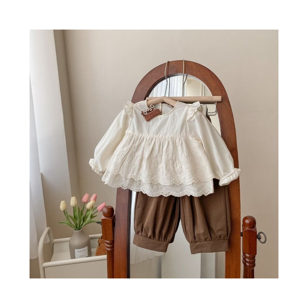 (120cm/47.24in)Adorable ensemble de vêtements deux pièces fille pour automne charmant chemise manches longues et pantalon marron enfants pour