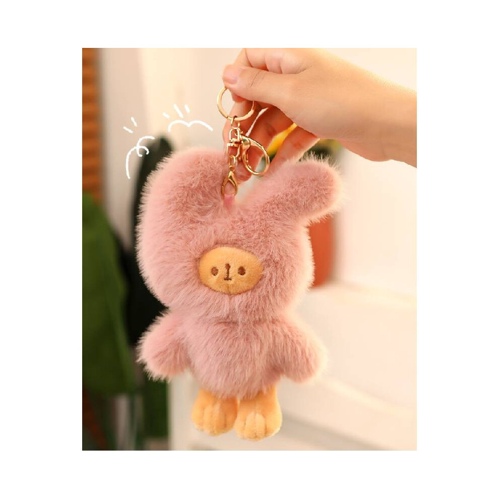 (Pink)Manteau lapin ours porte-clés mignon dessin animé fille sac décoration peluche cadeau pendentif