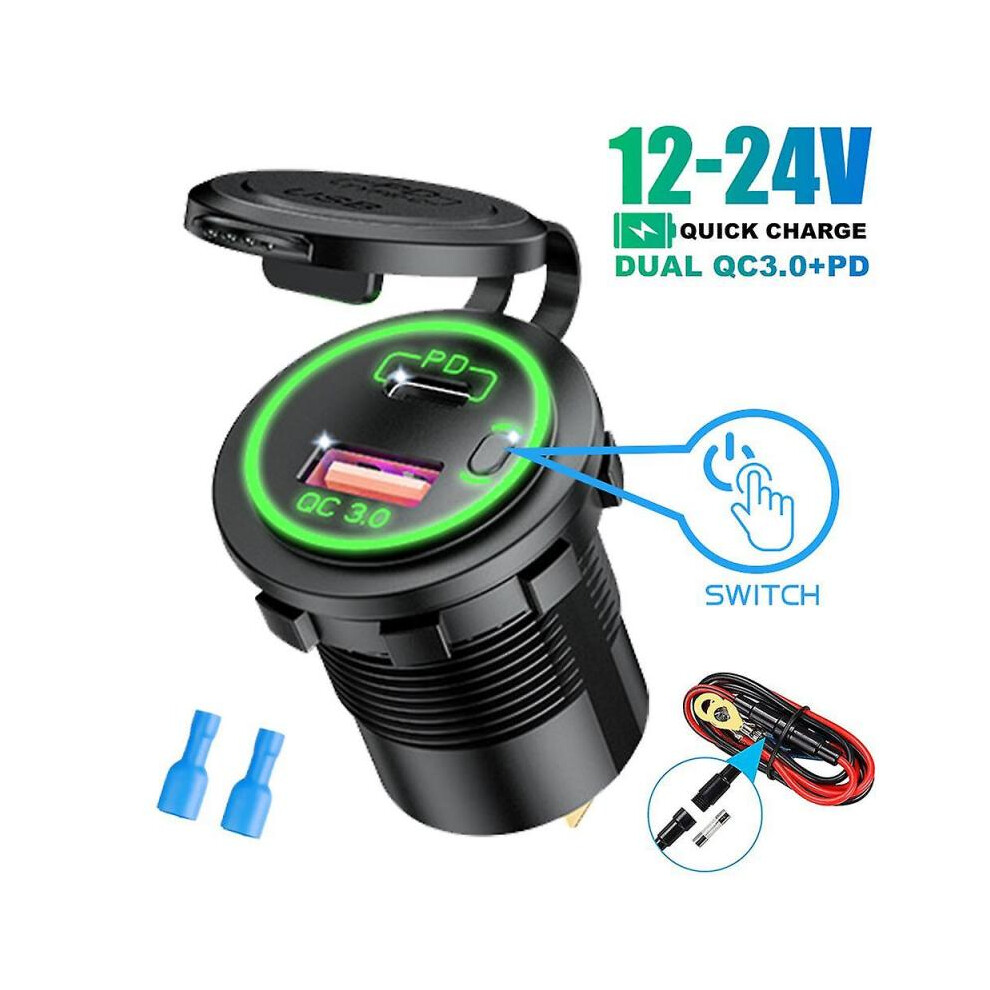 (With Wire, green) USB Type C Dual Port Car Motorcycle Boat Charger Socket QC 3.0 PD Fast Charge Auto Power Adapter with ON/Off Switch 12-24V Universal Blue Light
