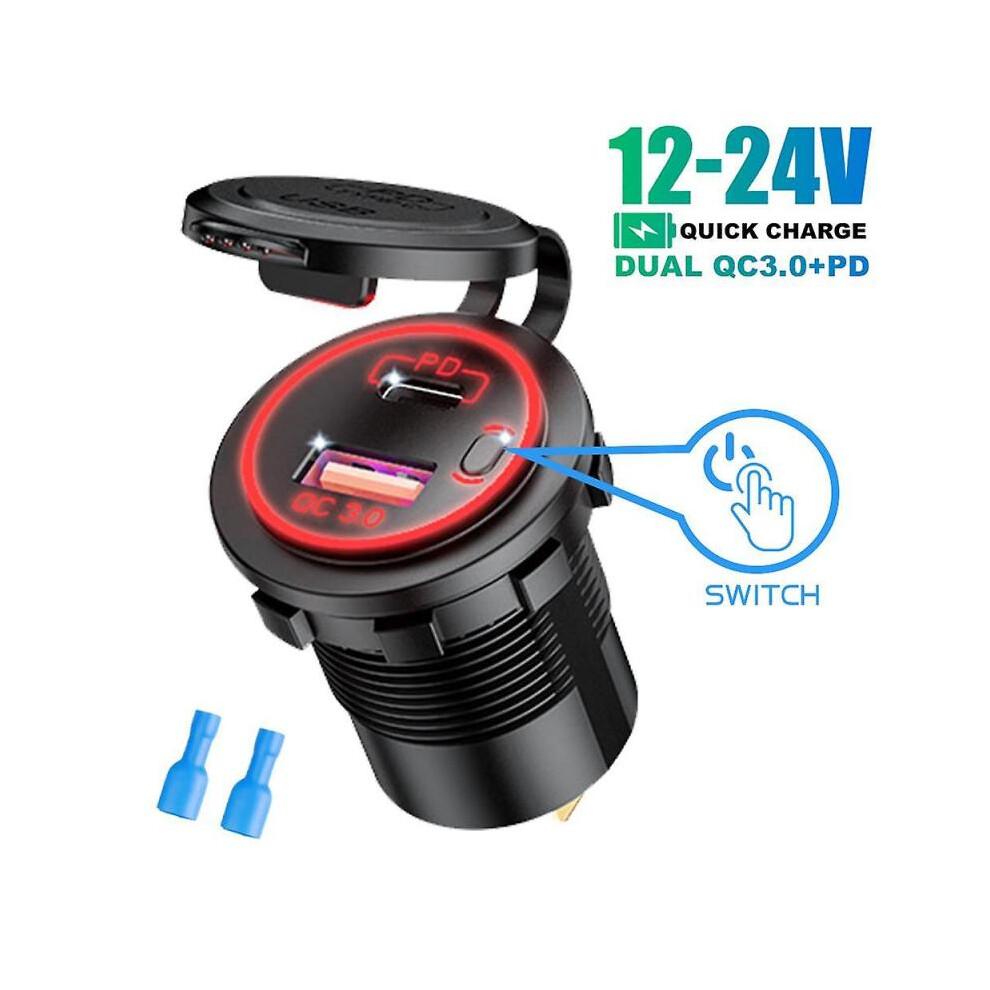 (Without Wire, red) USB Type C Dual Port Car Motorcycle Boat Charger Socket QC 3.0 PD Fast Charge Auto Power Adapter with ON/Off Switch 12-24V Universal Blue Light