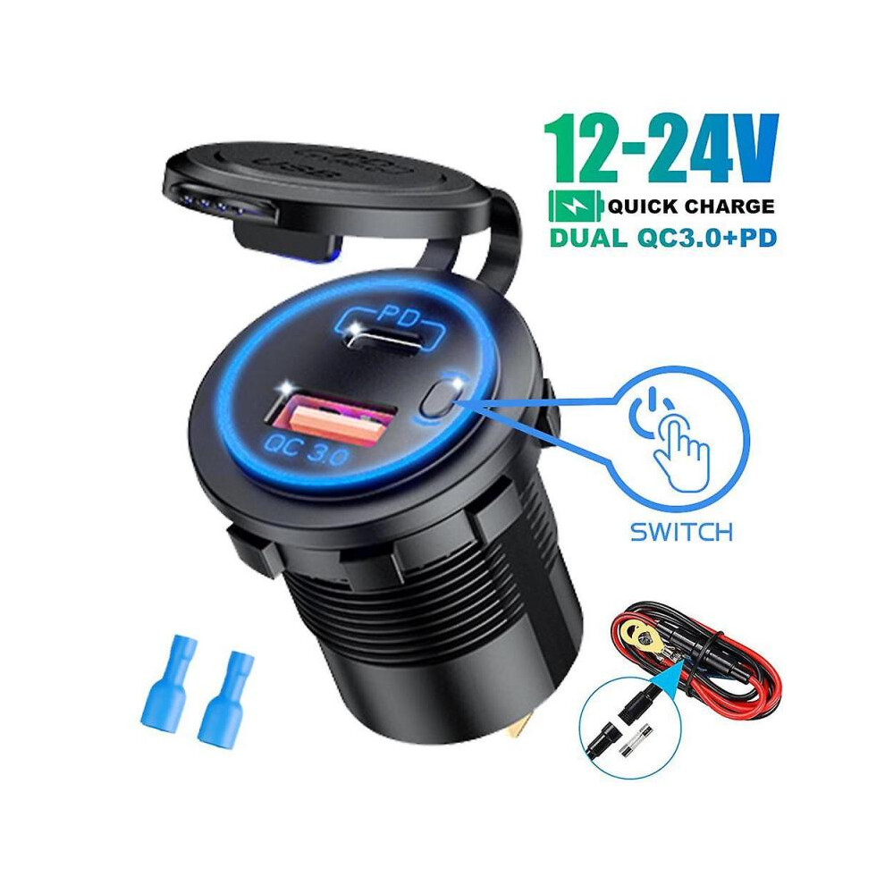 (Without Wire, green) USB Type C Dual Port Car Motorcycle Boat Charger Socket QC 3.0 PD Fast Charge Auto Power Adapter with ON/Off Switch 12-24V Universal Blue Light