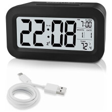 Rechargeable Alarm Clocks, Digital Clocks Bedside Mains Powered with Smart Light Sensor, 12/24Hours Date Black