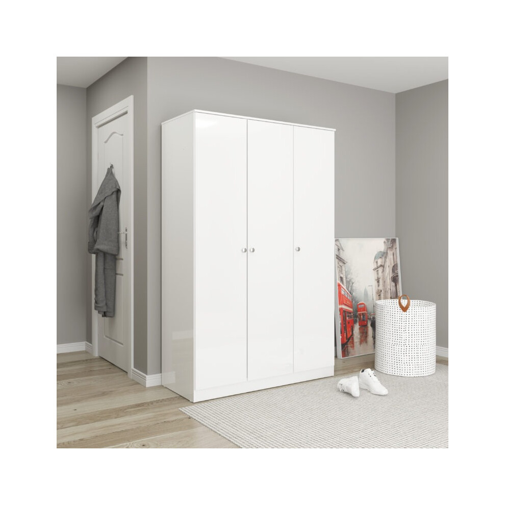3 Door Triple Wardrobe White Gloss, Denver Bedroom Closet/Hanging Rail