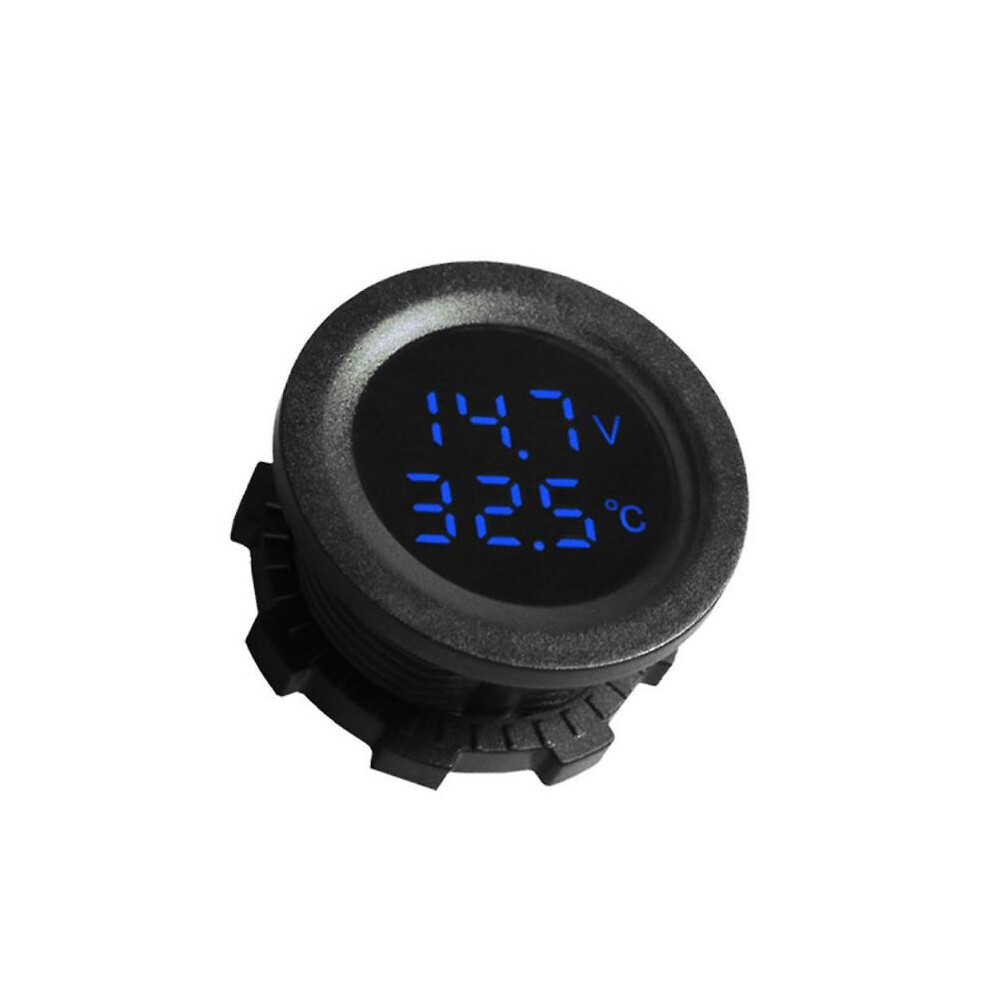 2 In 1 Car Voltmeter Thermometer DC 12-24V Digital LED Round Auto Voltage Test Display Measurement for Car Motorcycle Boat Yacht Voltmeter