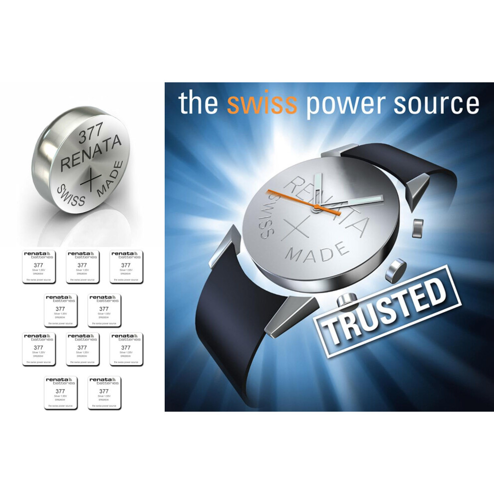 10 x Renata 377 SR626SW Silver Oxide Watch Batteries Swiss Made