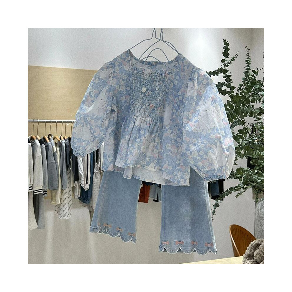 (Jeans,110)Belle chemise de poupée coréenne fille manches longues avec pantalon en denim ensemble printemps pour enfants tendance