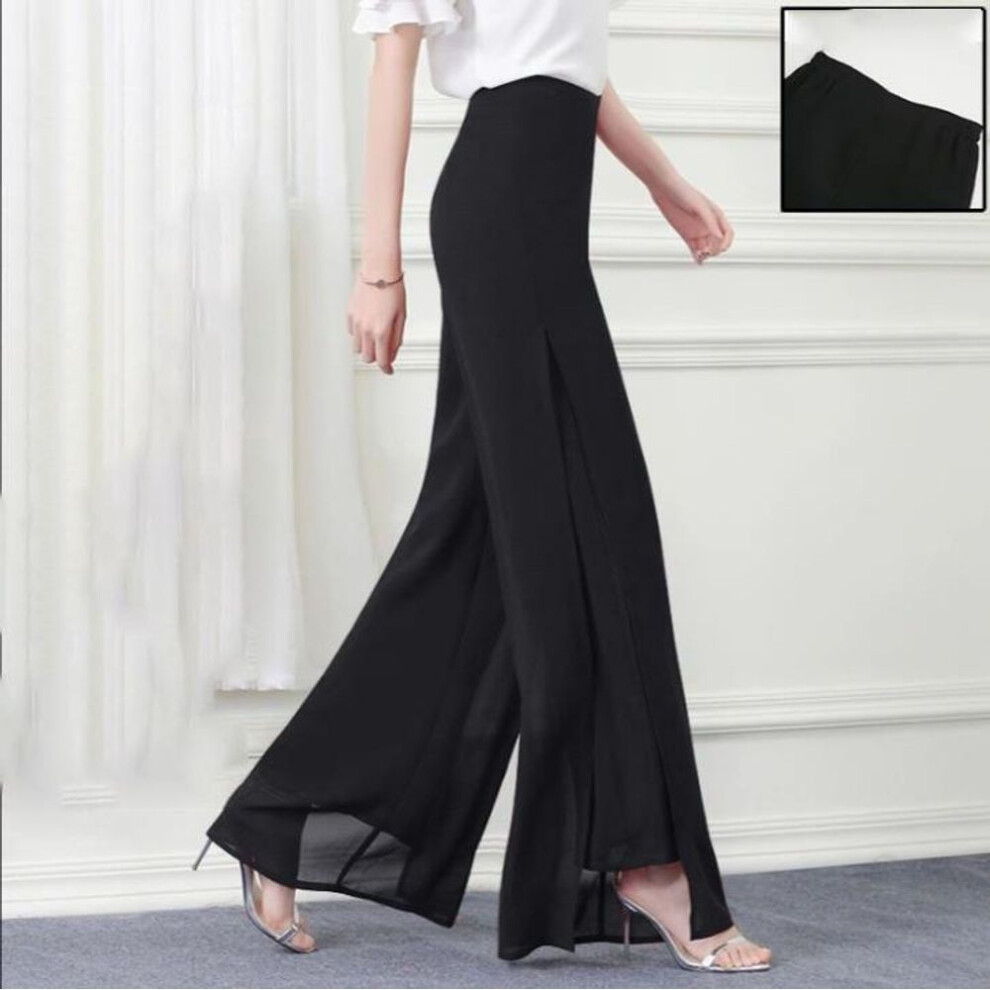 (black, L) Summer Chiffon Culottes High-waisted Trousers Skirt Gauze Loose Shuai Ku Straight Casual Pants Slit Wide Leg Pants Female