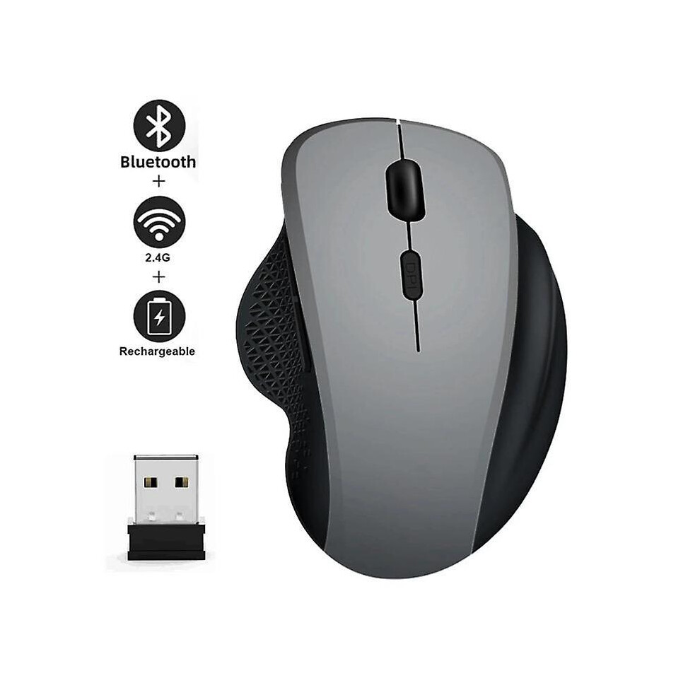(grey) 2.4Ghz +Bluetooth 5.2 Wireless Mouse with USB Receiver Rechargeable PC Computer Gaming Gamer Silent Mice 1600DPI Ergonomic Optical Mause Dual Mode