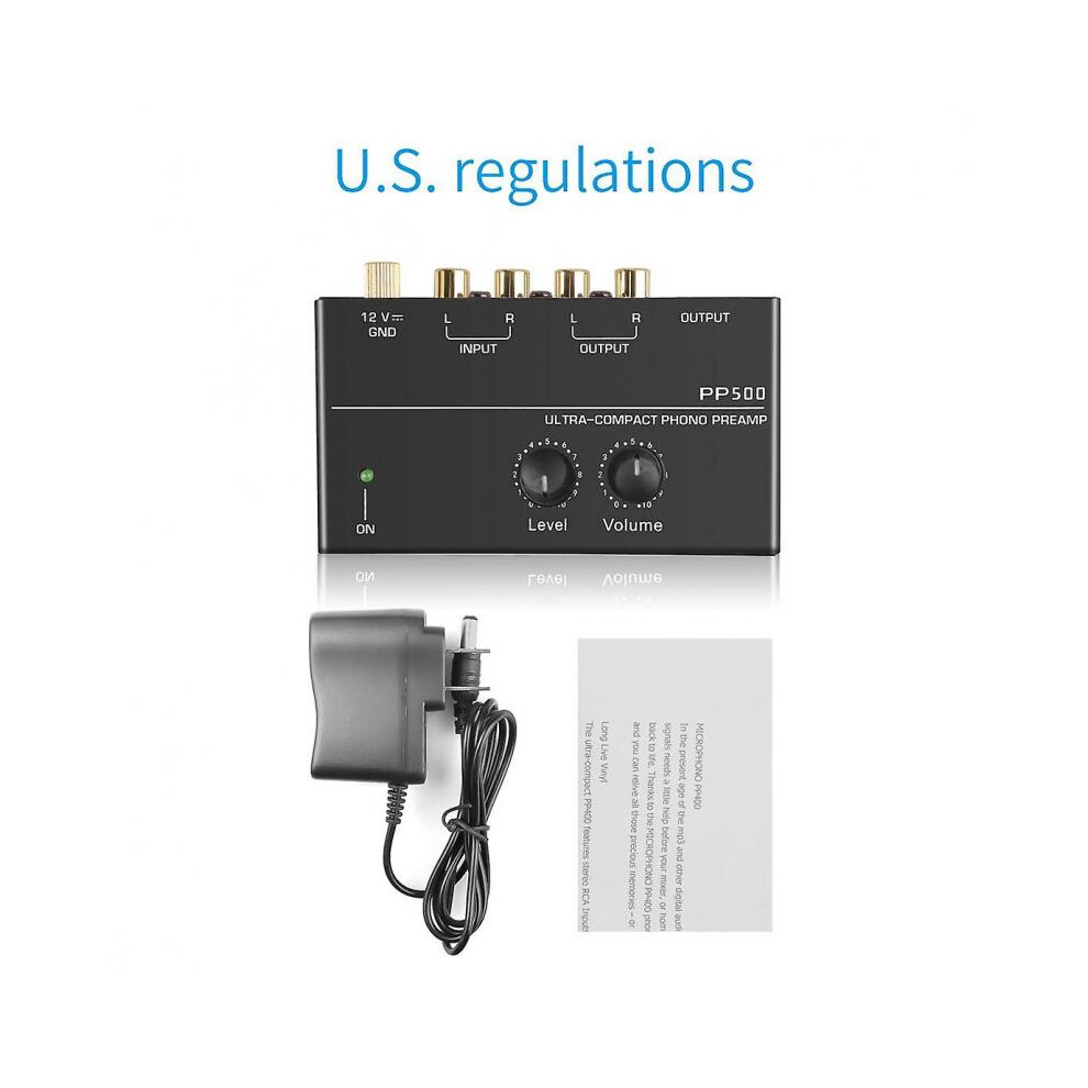 (US Plug) PP500 Ultra-compact Phono Preamp pre Amp Preamplifier with Level Volume Control RCA Input Output 1/4" TRS Output Interfaces for LP Vinyl Turntable