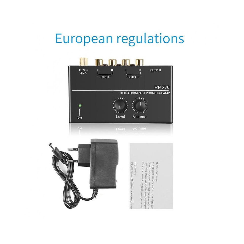 (EU Plug) PP500 Ultra-compact Phono Preamp pre Amp Preamplifier with Level Volume Control RCA Input Output 1/4" TRS Output Interfaces for LP Vinyl Turntable