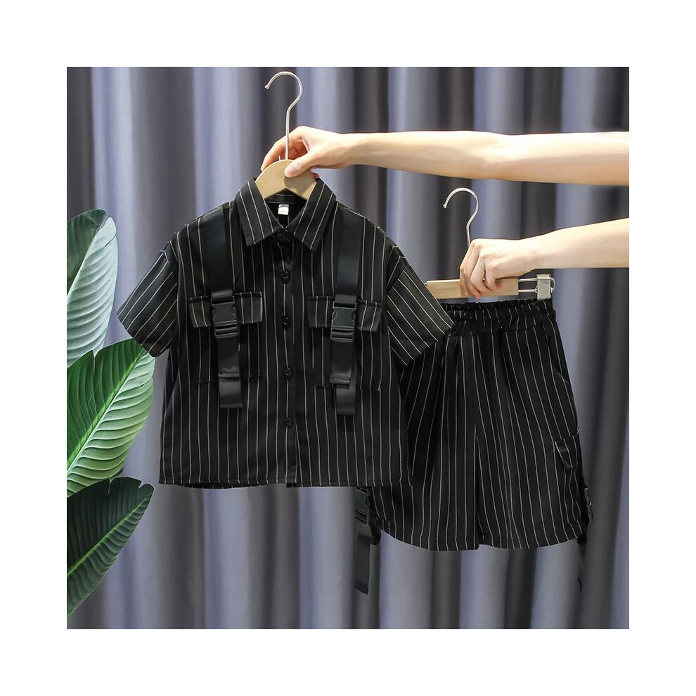 (Black,130cm/51.18in)Ensemble été élégant pour garçon tendance noir manches courtes chemise légère tenue deux pièces