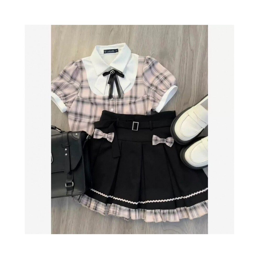 (Set,160cm/62.99in)Ensemble chemise à carreaux rose intemporel et jupe plissée pour fille parfait pour vêtements d'été décontractés