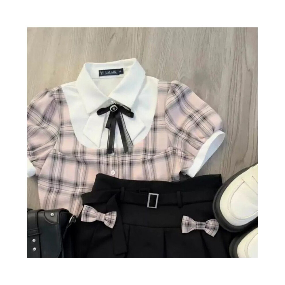 (Short Sleeve,110cm/43.31in)Ensemble chemise à carreaux rose intemporel et jupe plissée pour fille parfait pour vêtements d'été décontractés