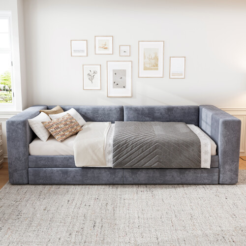 Upholstered bed, 3FT single bed 90x190cm, Daybed sofa bed With light strip 2