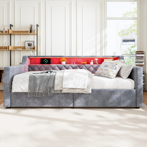 Upholstered bed, 3FT single bed 90x190cm, Daybed sofa bed With light strip 2