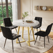 (Black) Dining Table Set with 4 Chairs 80 cm Diameter Round Kitchen Table with Gold Metal Legs