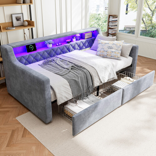 Upholstered bed, 3FT single bed 90x190cm, Daybed sofa bed With light strip