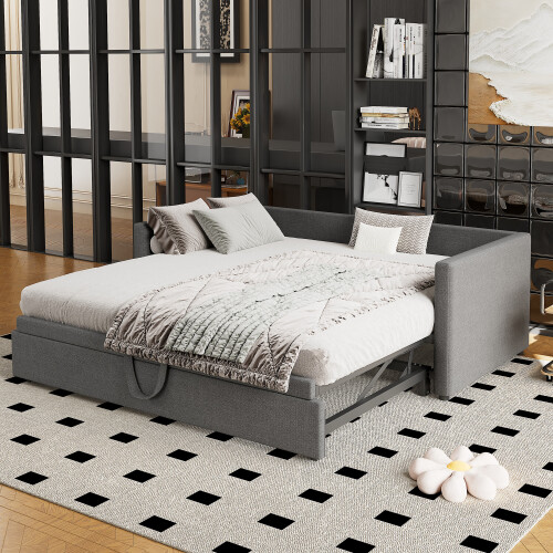(Linen) Upholstered Bed bottom with trundle bed easy assembly 3FT single bed 2