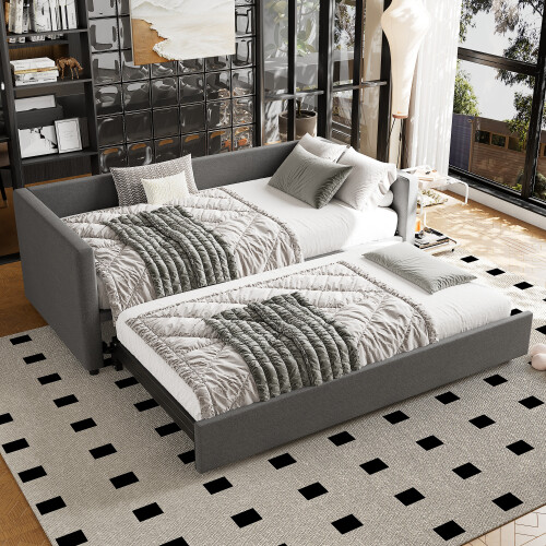 (Linen) Upholstered Bed bottom with trundle bed easy assembly 3FT single bed