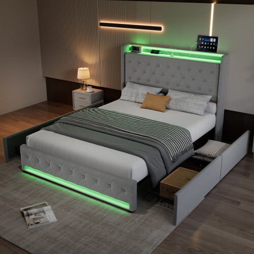 Upholstered Bed, 4ft6 double bed 135x190cm, Storage Bed,  Metal underbed bracket Grey 1