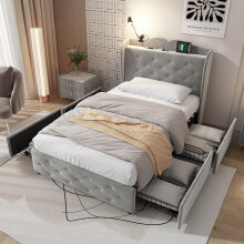 (3FT single bed 90x190cm) Upholstered Storage Bed With 4 drawers and Lamp 3 USB port+1 Type C