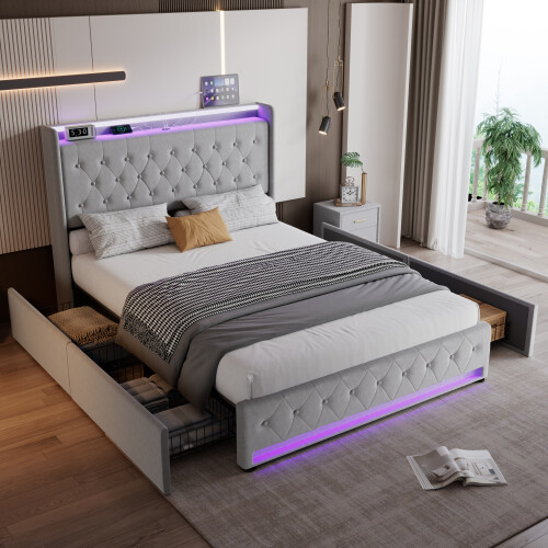 Upholstered Bed, 4ft6 double bed 135x190cm, Storage Bed,  Metal underbed bracket Grey