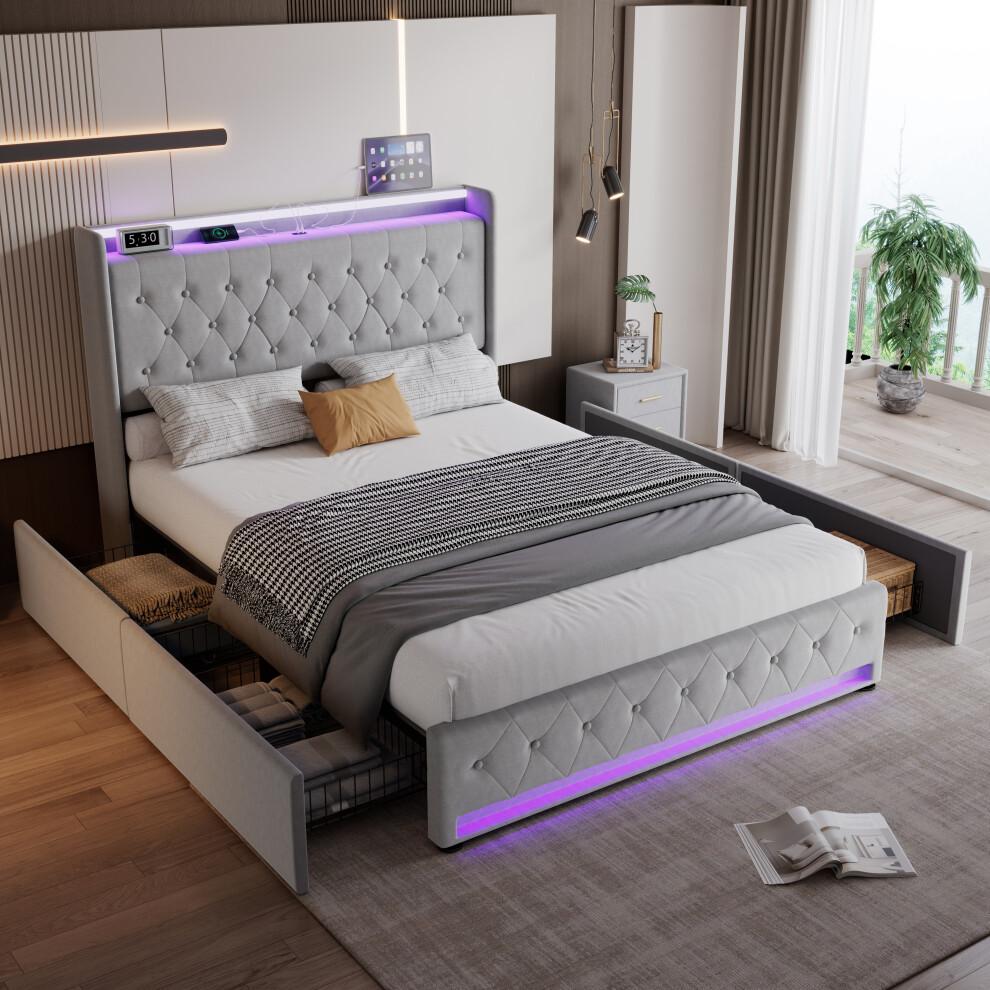 Btm Upholstered Bed, 4Ft6 Double Bed 135X190cm, Storage Bed, Metal Underbed Bracket Grey