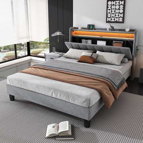 (4ft6 double bed 135x190cm) Upholstered Bed door storage With LED light strip, 3 USB port+1 Type C 1