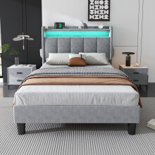 (3FT single bed 90x190cm) Upholstered Bed door storage With LED light strip, 3 USB port+1 Type C