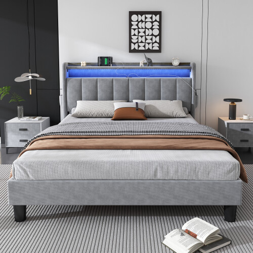 (4ft6 double bed 135x190cm) Upholstered Bed door storage With LED light strip, 3 USB port+1 Type C